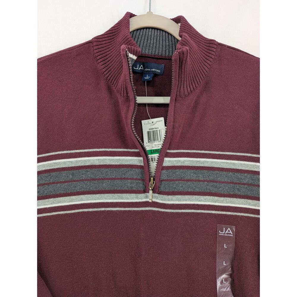 John Ashford Men's 1/4 Zip Sweater Striped Red Gray Large High Neck Long Sleeve - Picture 2 of 8